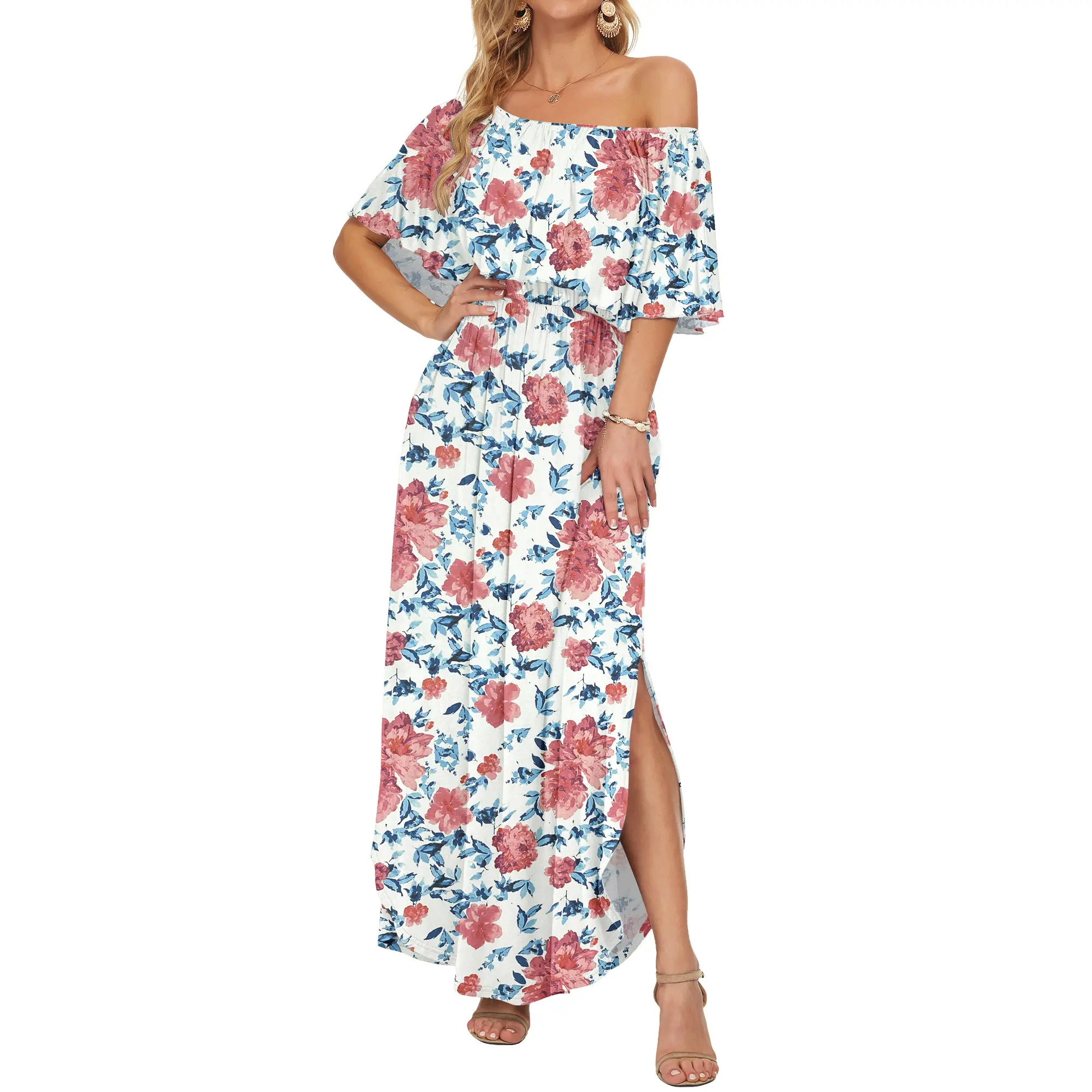 Womens Off The Shoulder Long Ruffle Party Side Split Beach Maxi Dresses with Pockets