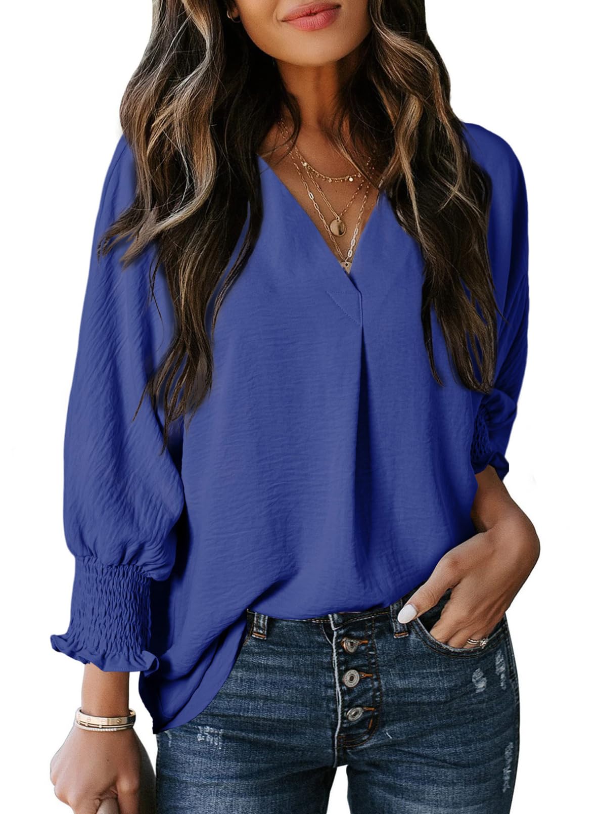 Womens Casual 3/4 Sleeve V Neck Loose Fit Basic Tees