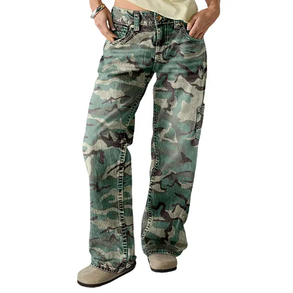 Women's Stretchy Camo Print Mid Rise Straight Leg Pants