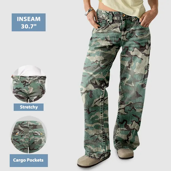 Women's Stretchy Camo Print Mid Rise Straight Leg Pants