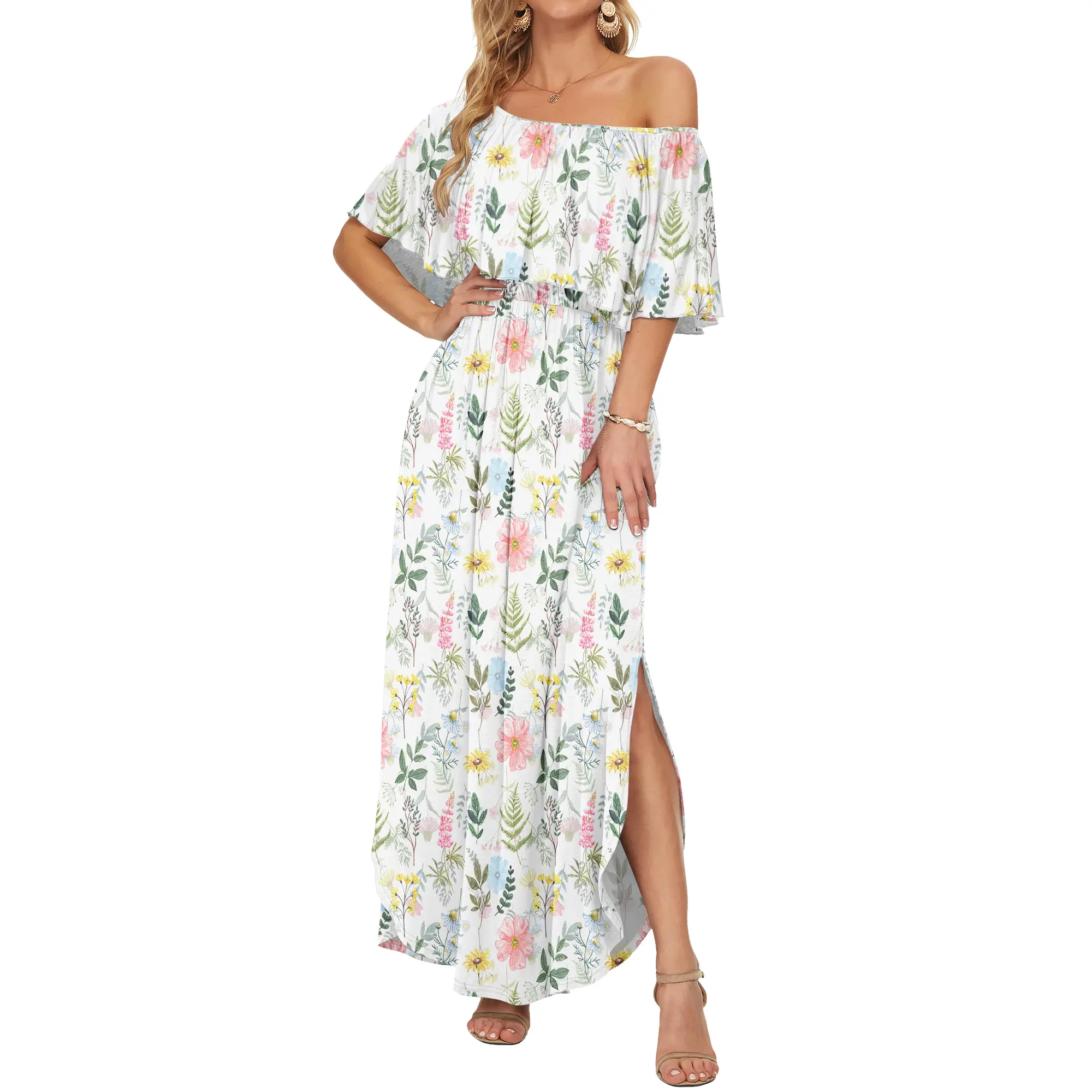 Womens Off The Shoulder Long Ruffle Party Side Split Beach Maxi Dresses with Pockets