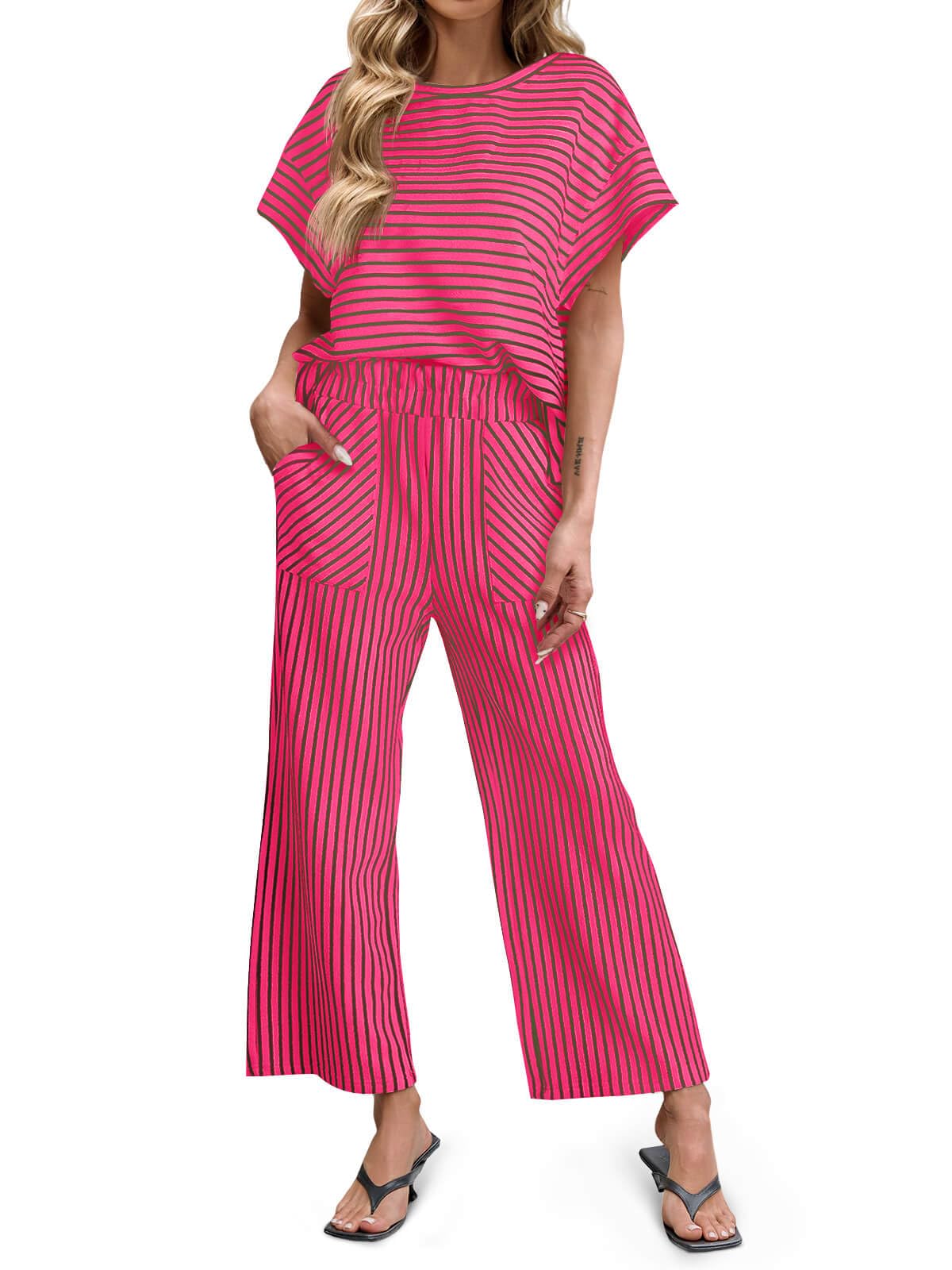 Womens Striped 2 Piece Sets Short Sleeve T Shirts Wide Leg Pants with Pockets