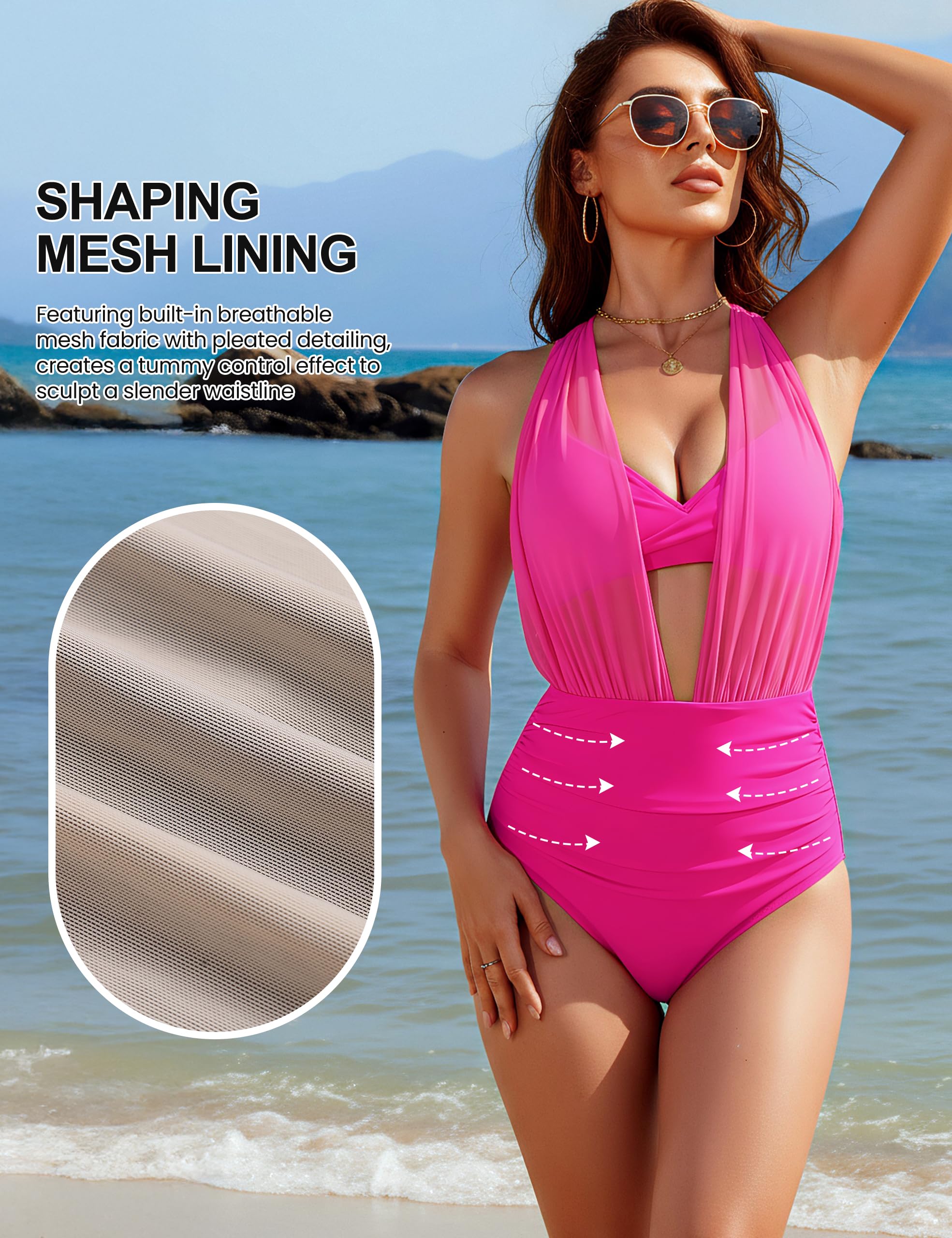 Women Tummy Control High Waisted Two Piece Modest Mesh Swimsuits