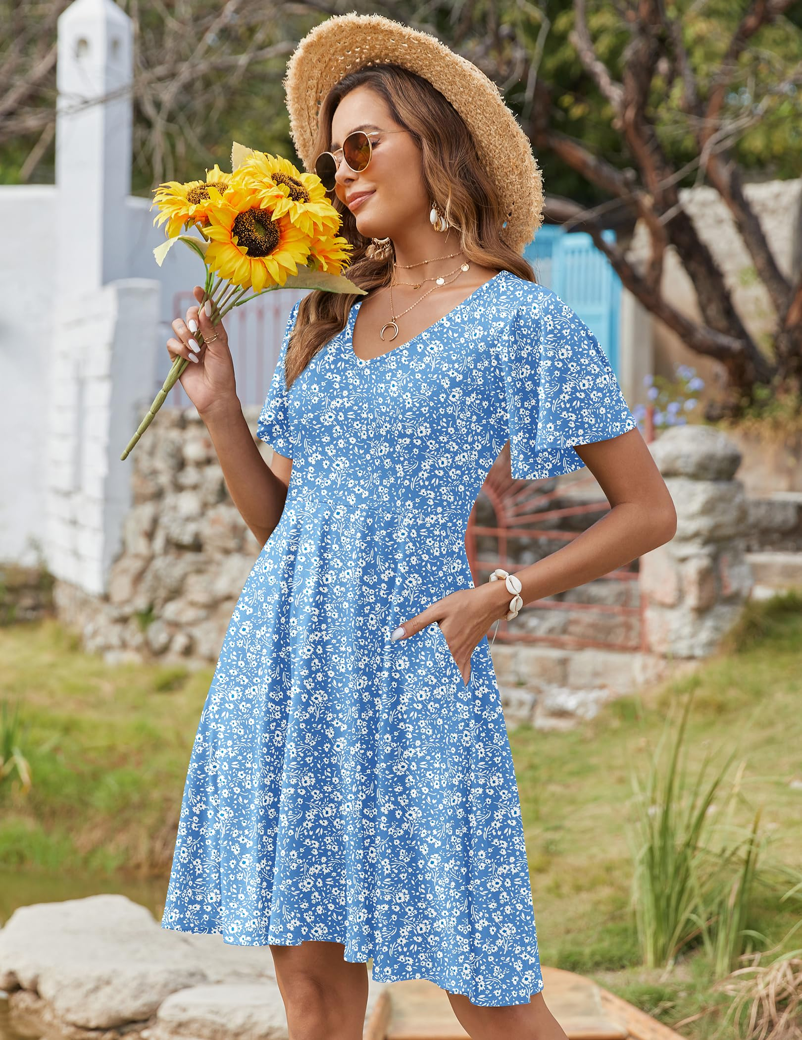 Womens Floral Ruffle Short Sleeve Sundresses Beach Mini Dress