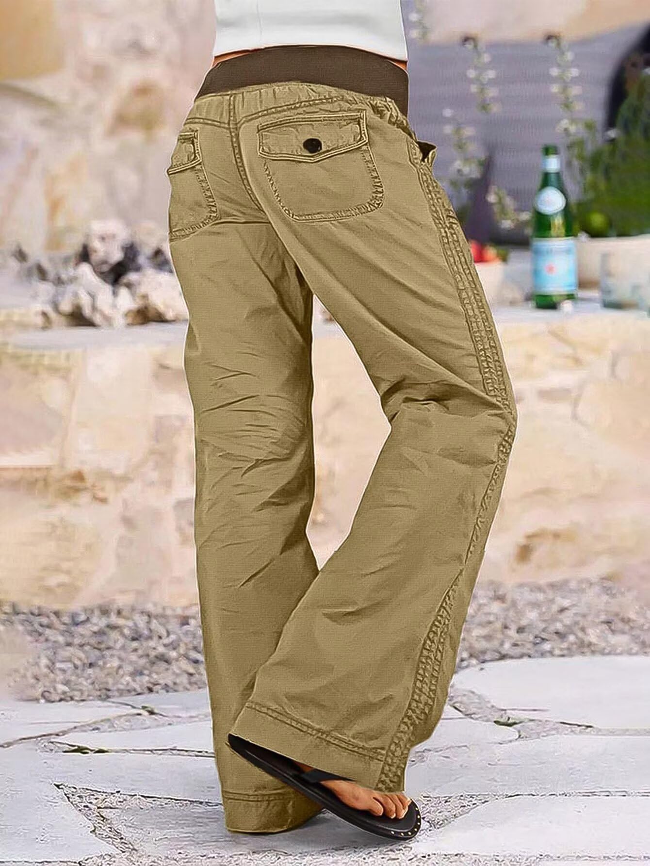 Women Drawstring Waist Mid Rise Seam Detail Straight Leg Pants
