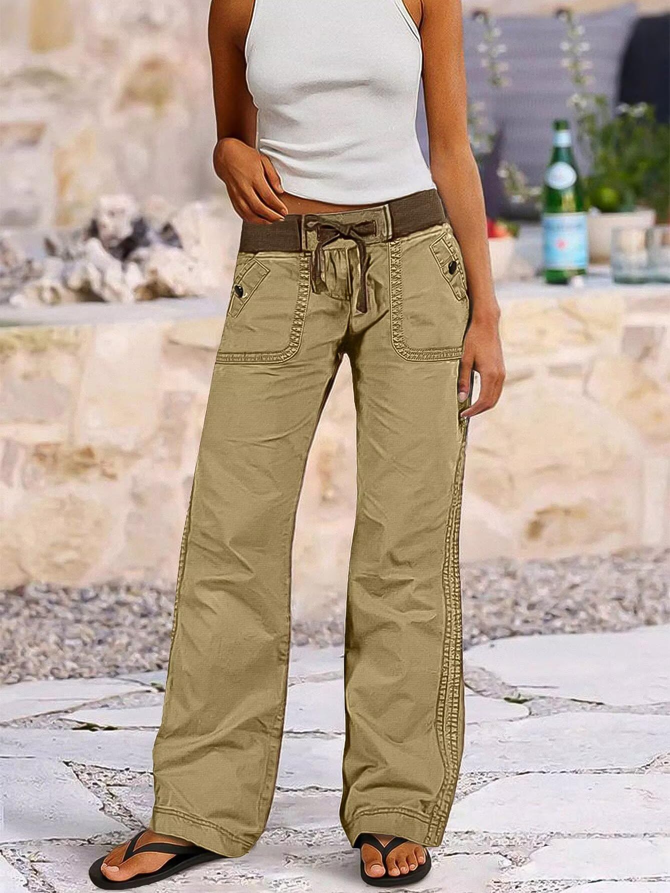 Women Drawstring Waist Mid Rise Seam Detail Straight Leg Pants