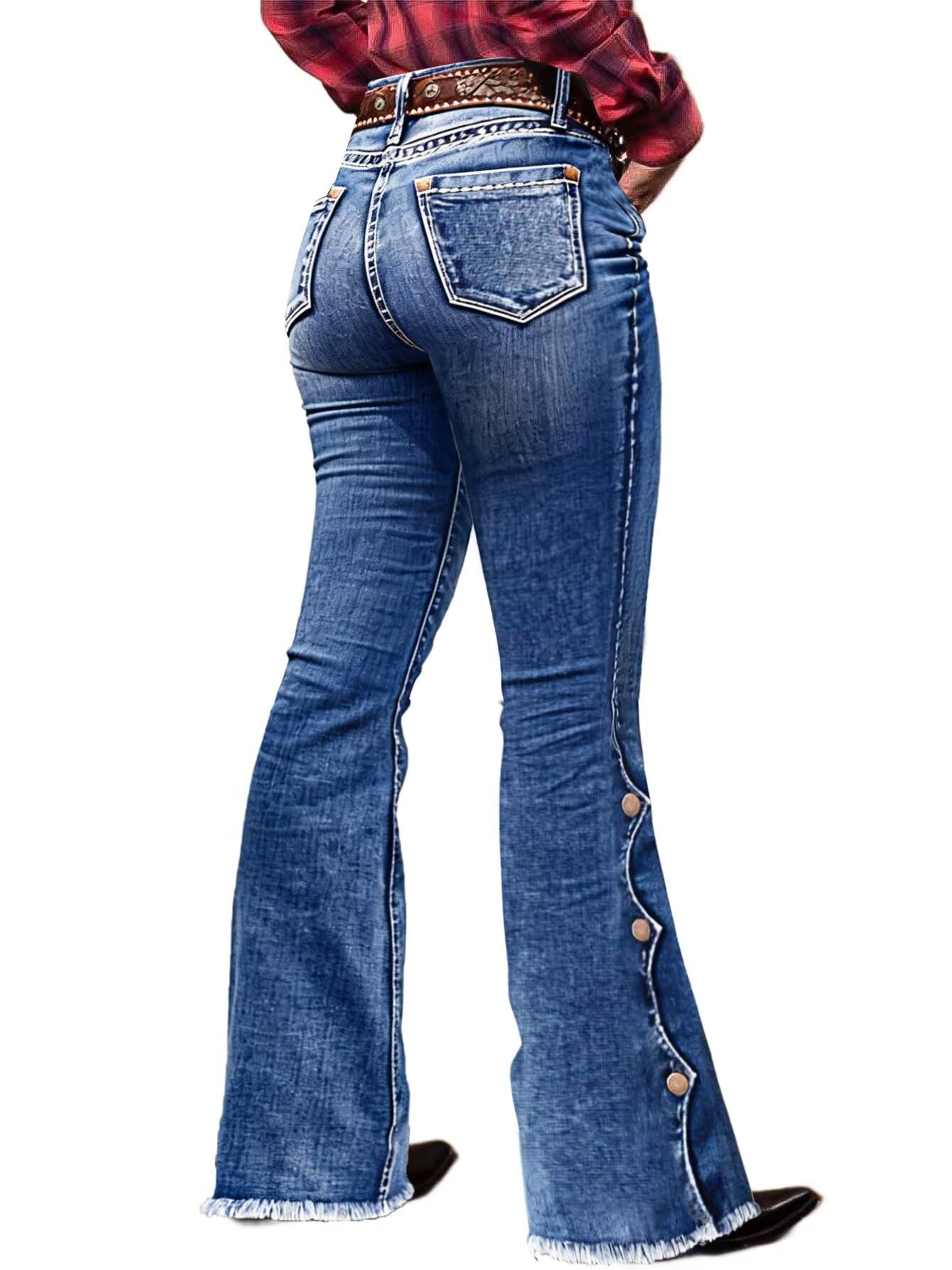 Women's Raw Hem Button Side Mid Waist Bootcut Jeans