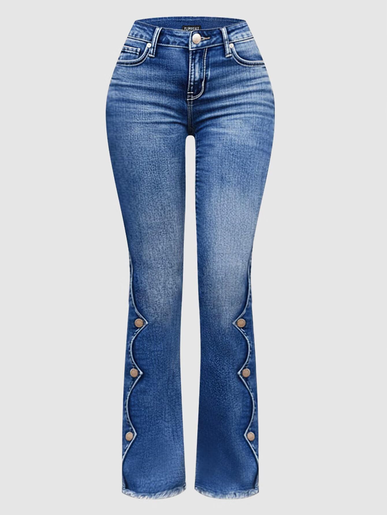 Women's Raw Hem Button Side Mid Waist Bootcut Jeans