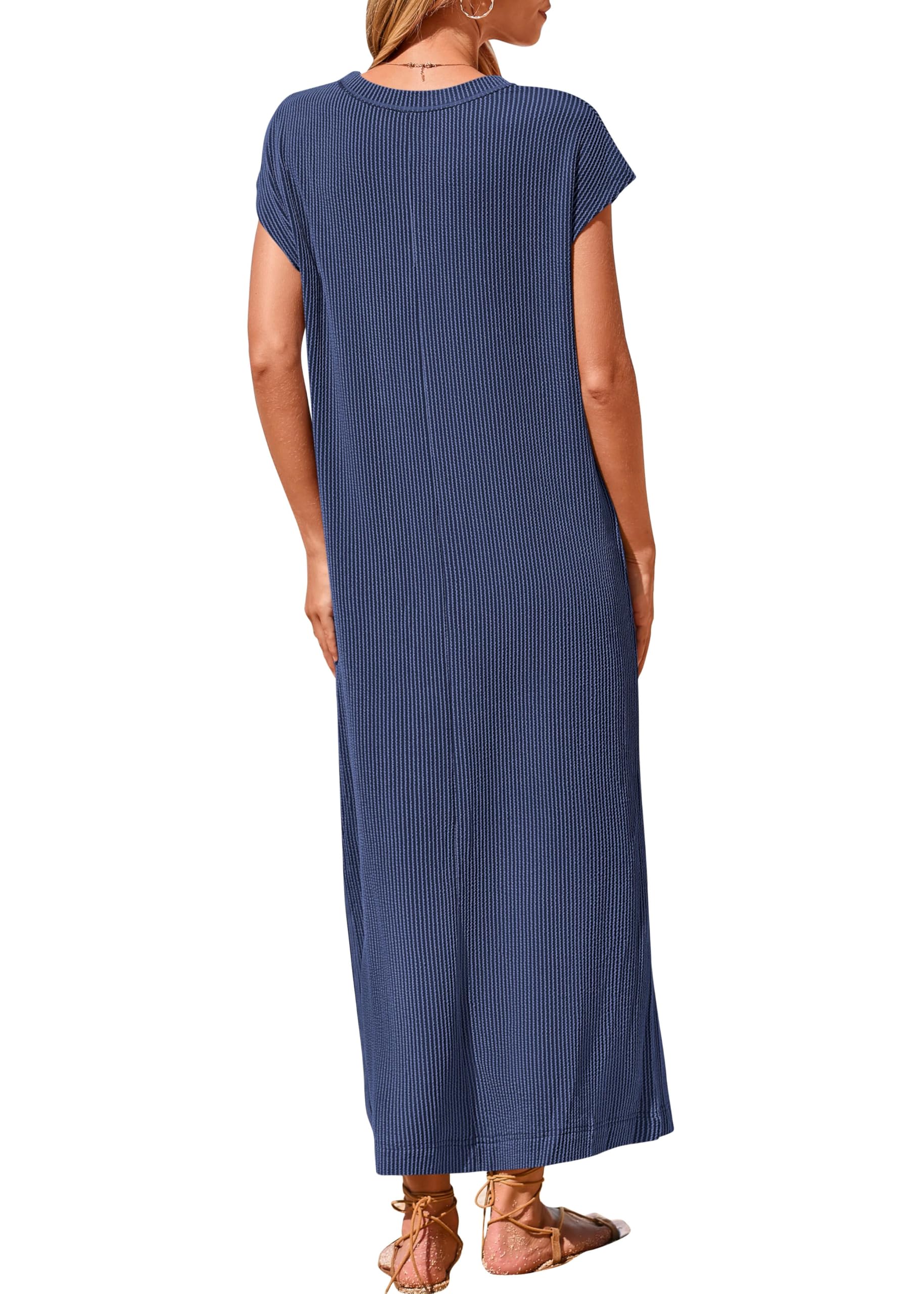 Womens Ribbed Knit Henley Short Sleeve Button Up Loose Maxi Dress