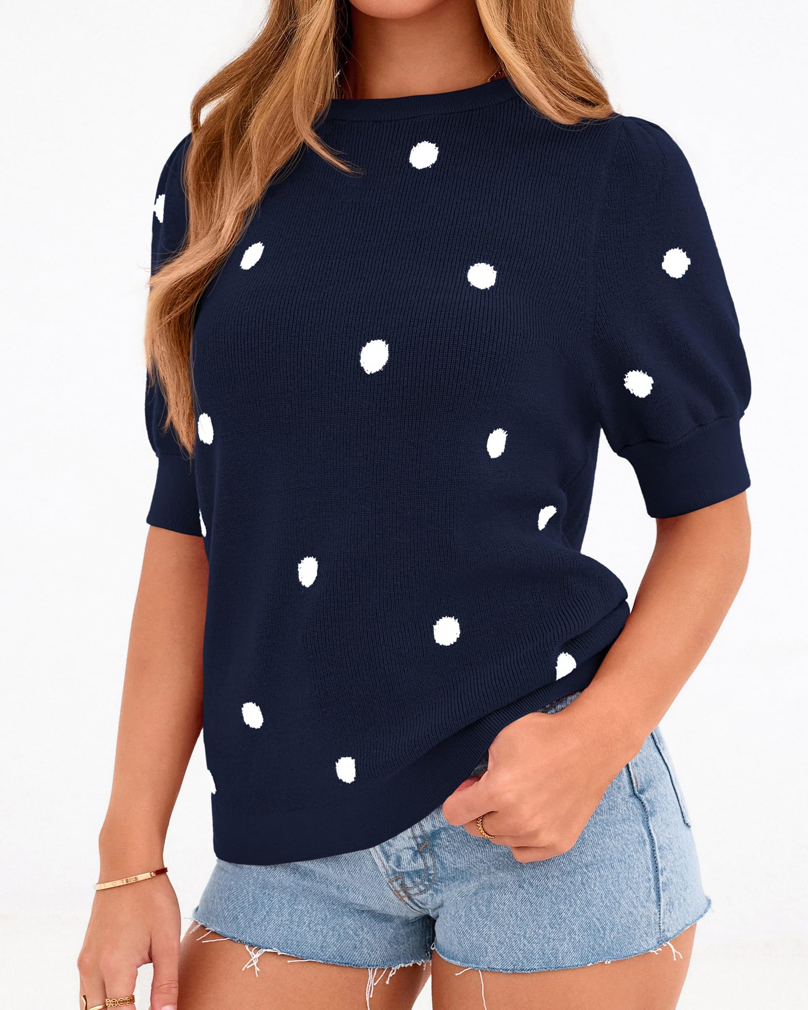 Womens Polka Dot Short Sleeve Crew Neck Sweater(buy 2 free shipping)