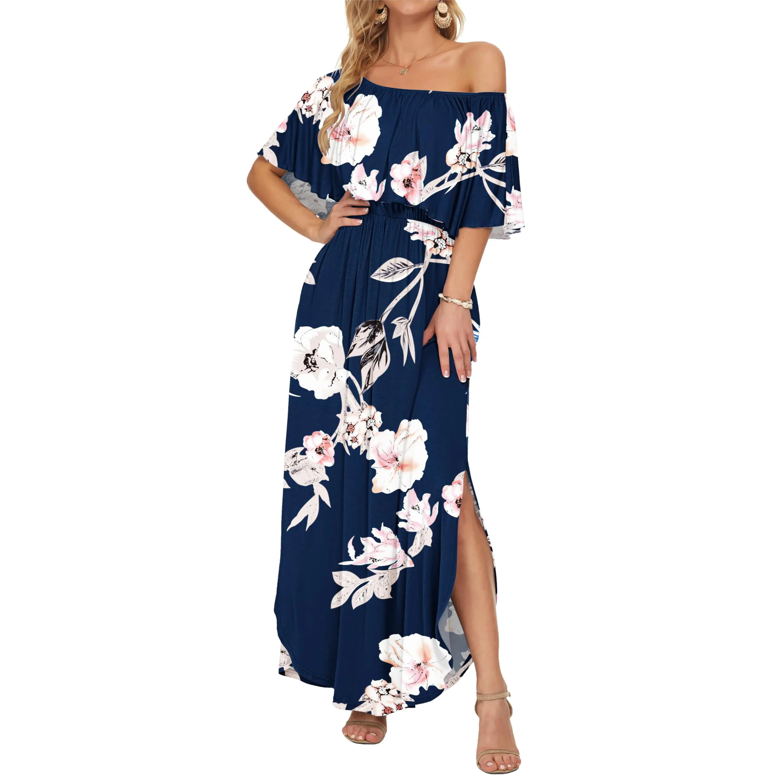 Womens Off The Shoulder Long Ruffle Party Side Split Beach Maxi Dresses with Pockets