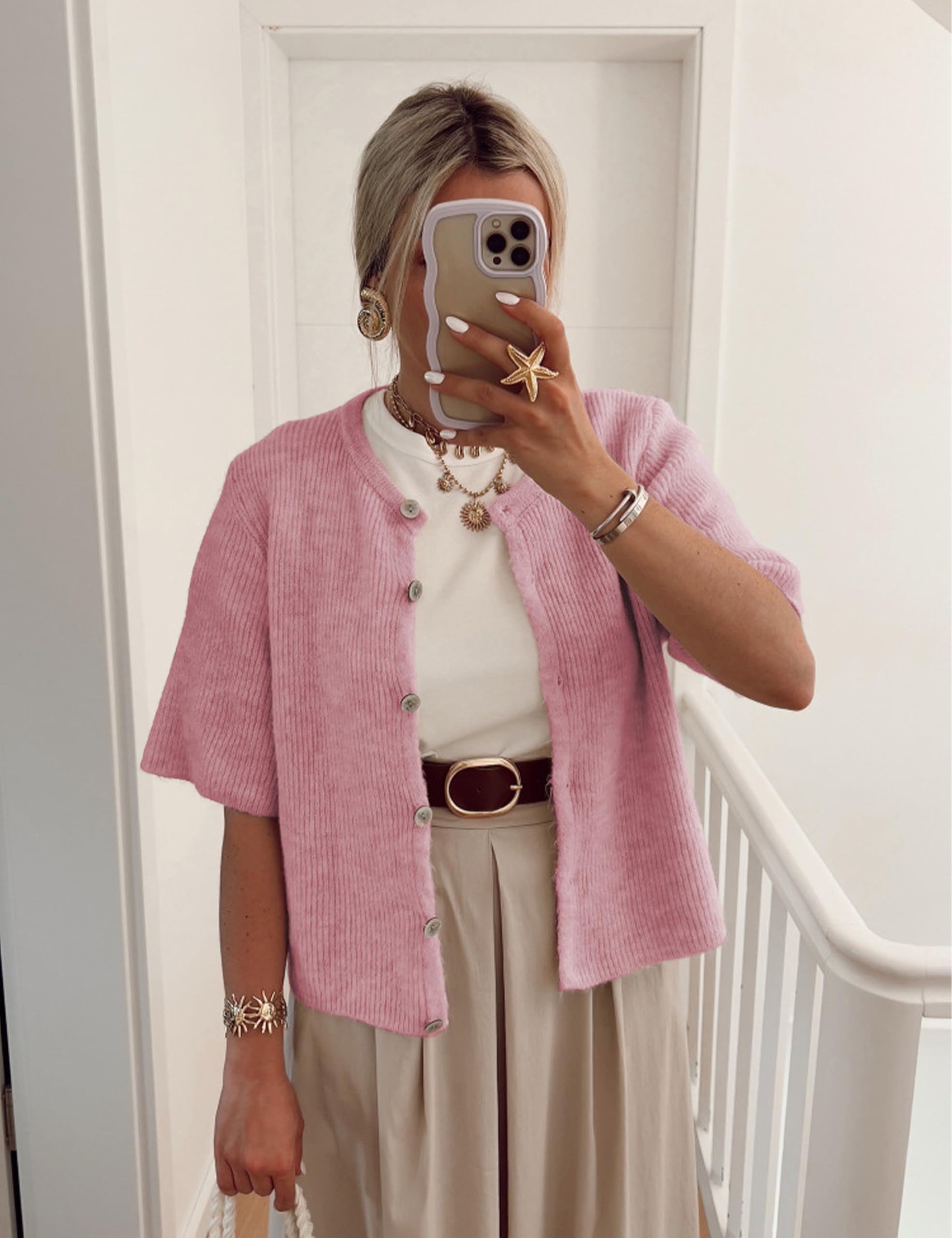 Women's Lightweight Cardigan Short Sleeve Button-Down Cardigan Sweater