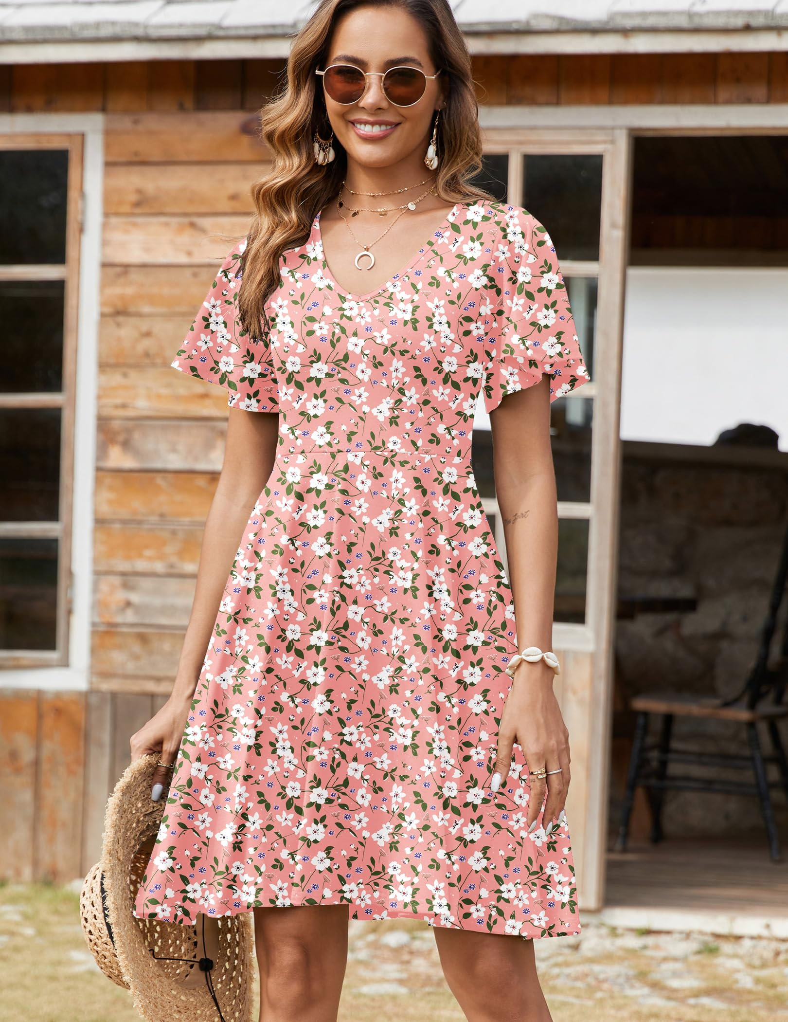 Womens Floral Ruffle Short Sleeve Sundresses Beach Mini Dress