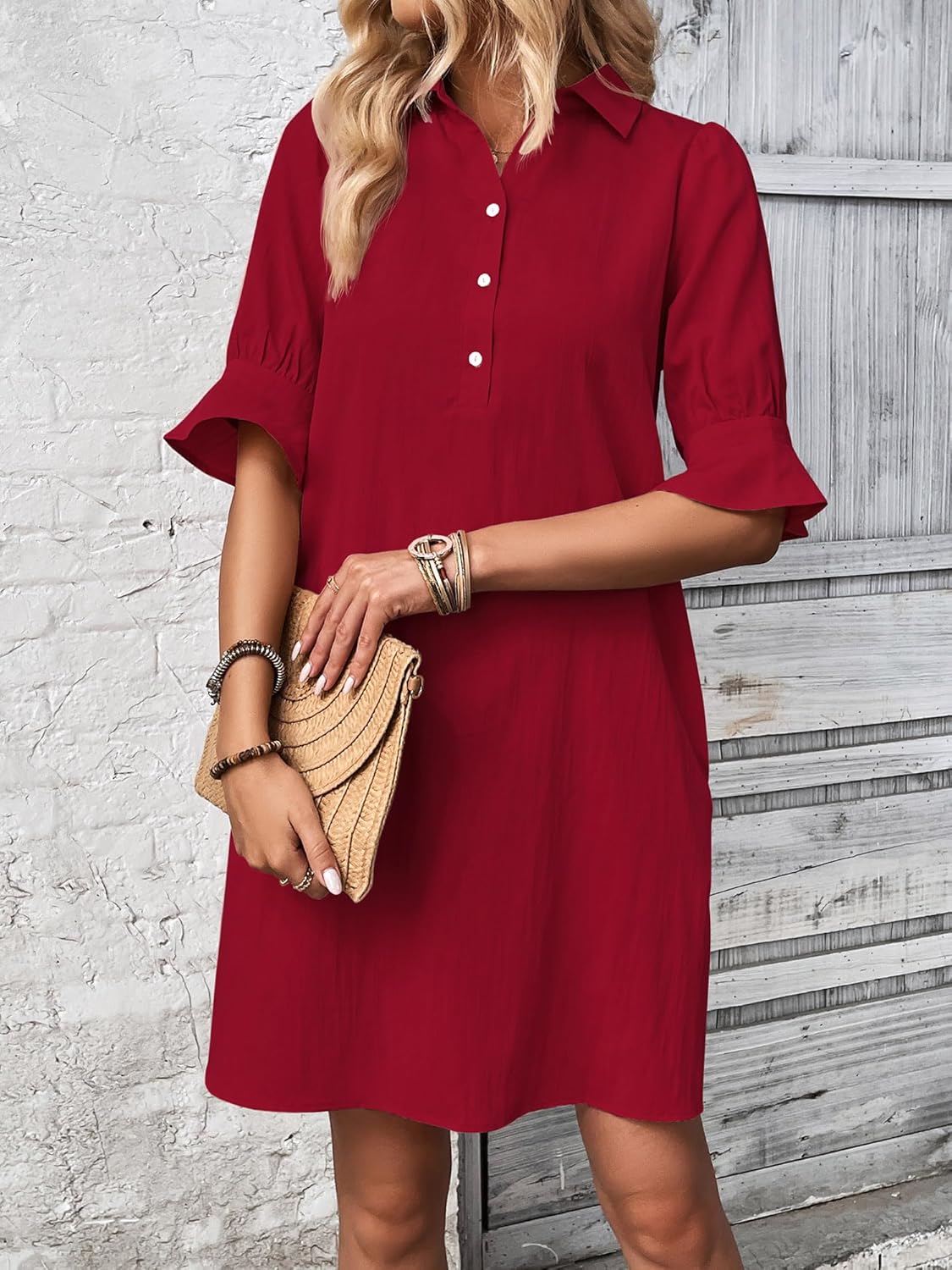 Womens Casual Shirt Dress Ruffle Sleeve Solid Color Button Down