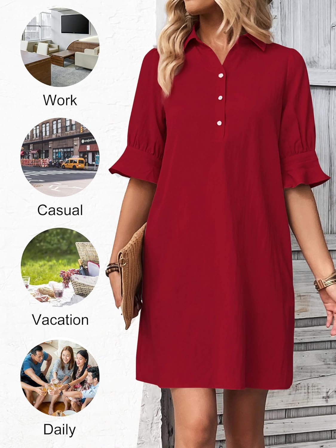Womens Casual Shirt Dress Ruffle Sleeve Solid Color Button Down