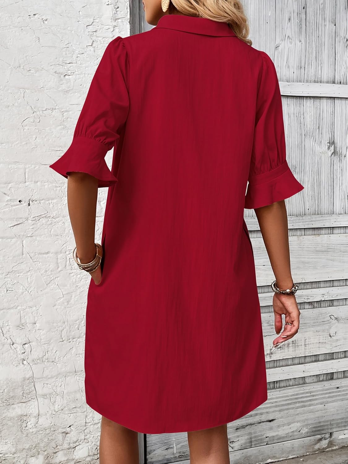 Womens Casual Shirt Dress Ruffle Sleeve Solid Color Button Down