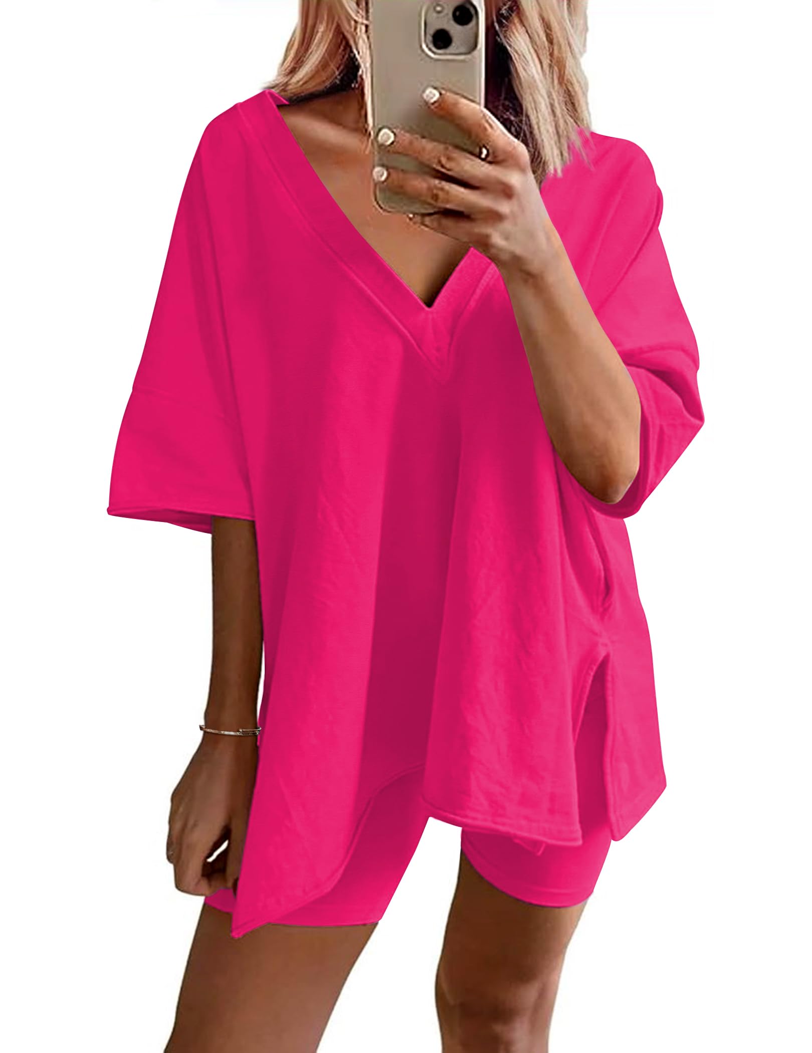 Womens Reversible Oversized V Neck T-Shirts Tops Biker Shorts Set 
