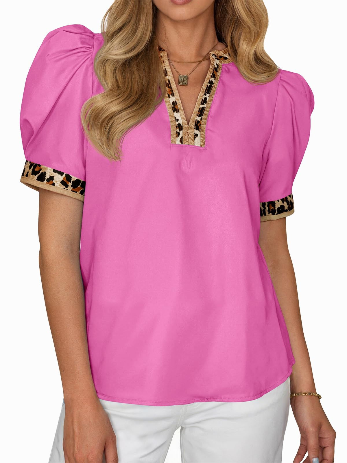 Womens Puff Sleeve Leopard V Neck Color Block Blouse