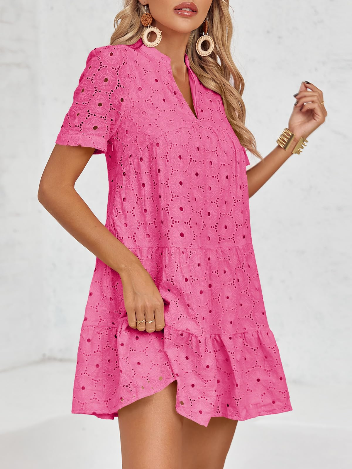 Women’s Summer Lace Dresses Eyelet Casual Flowy Babydoll Swing Short Sleeve V Neck Tunic Dress