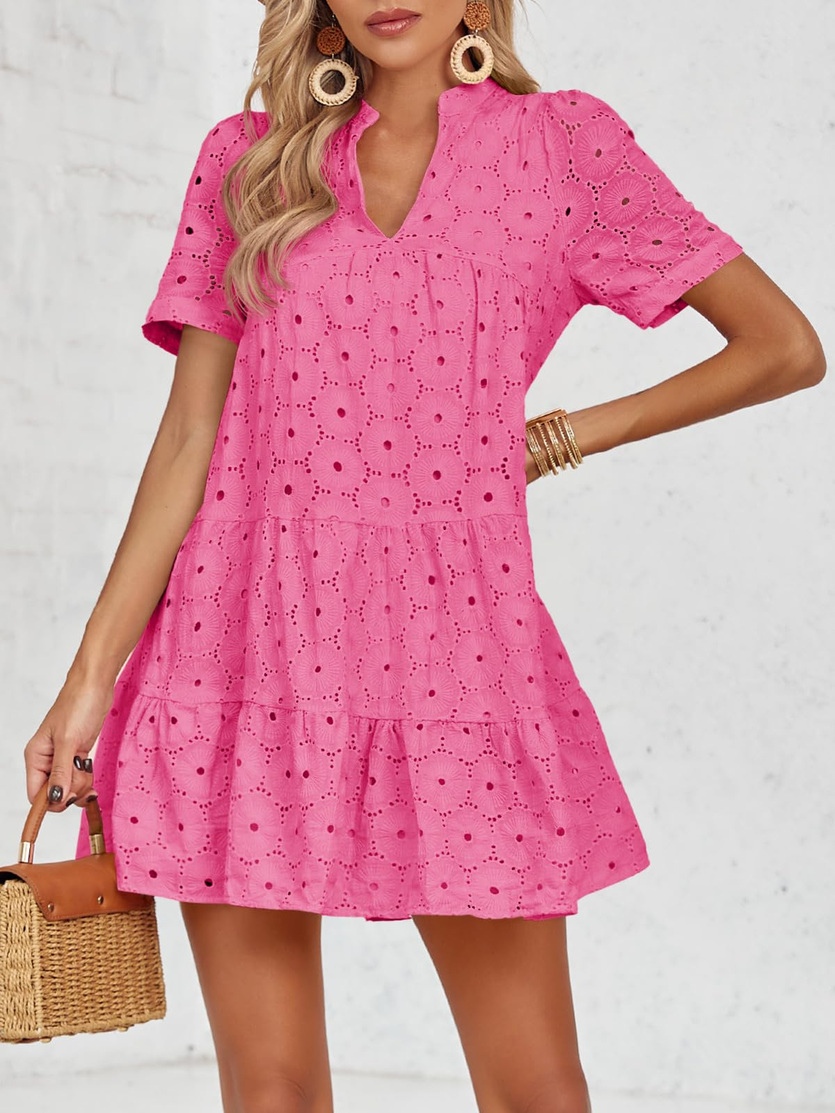 Women’s Summer Lace Dresses Eyelet Casual Flowy Babydoll Swing Short Sleeve V Neck Tunic Dress