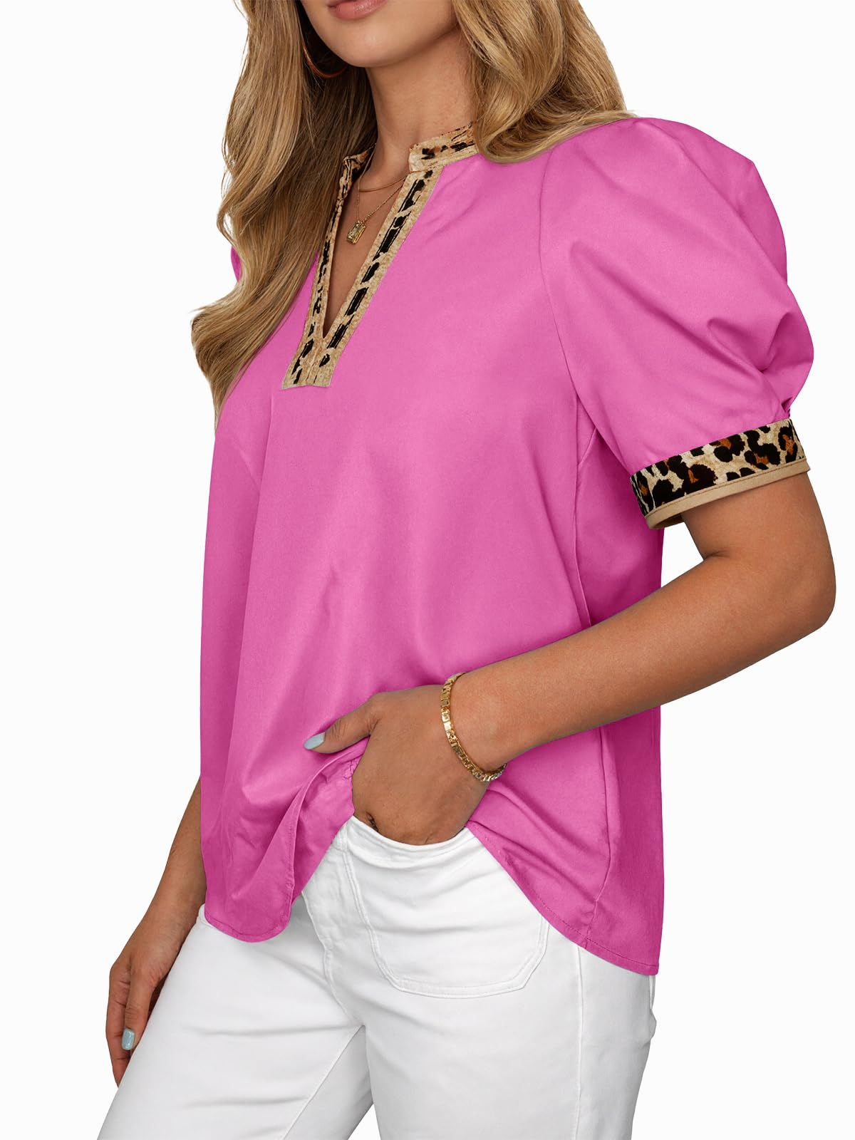 Womens Puff Sleeve Leopard V Neck Color Block Blouse