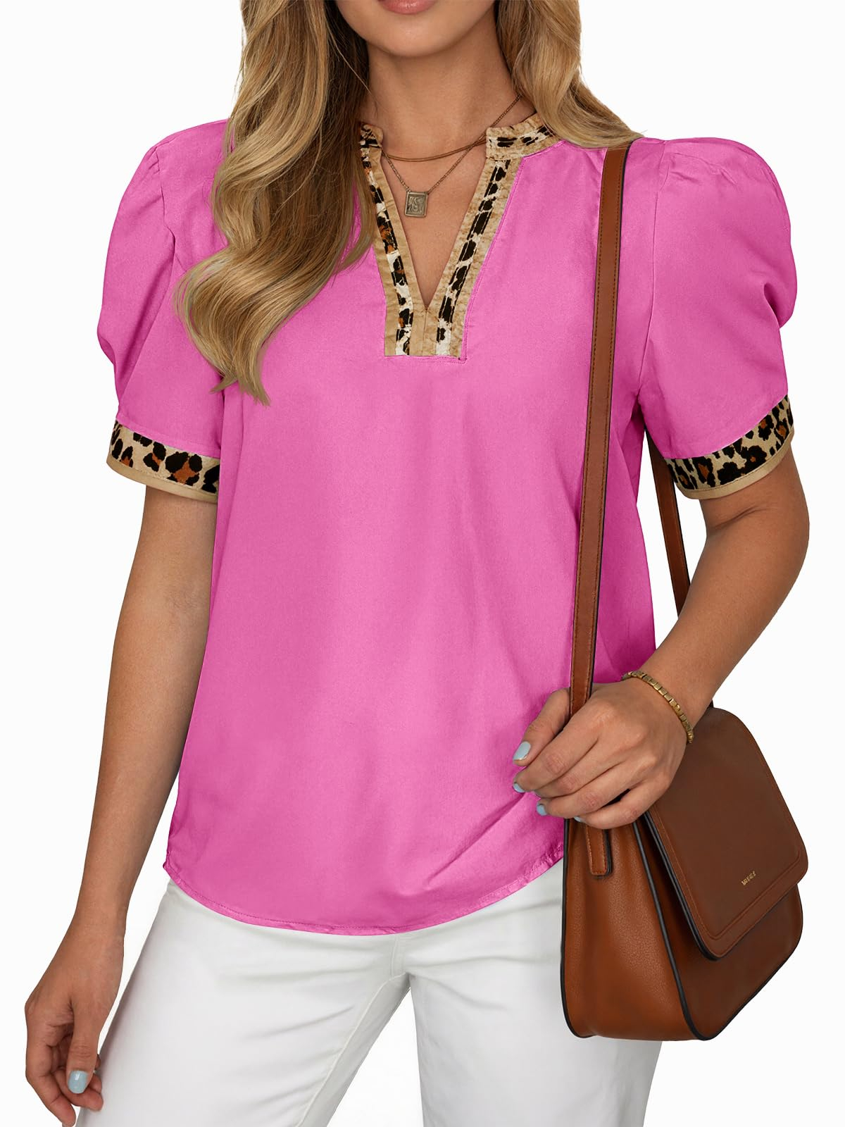 Womens Puff Sleeve Leopard V Neck Color Block Blouse