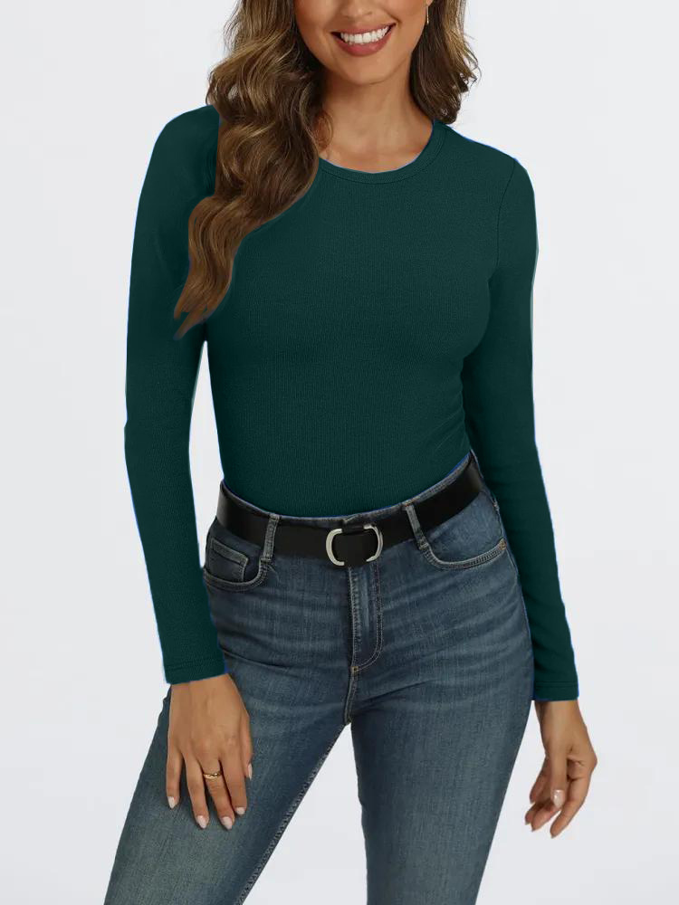 ⏰Hot Sale-Women's Long Sleeve Stretch Slim Round Neck Ribbed Basic Shirts (BUY 3 FREE SHIPPING)