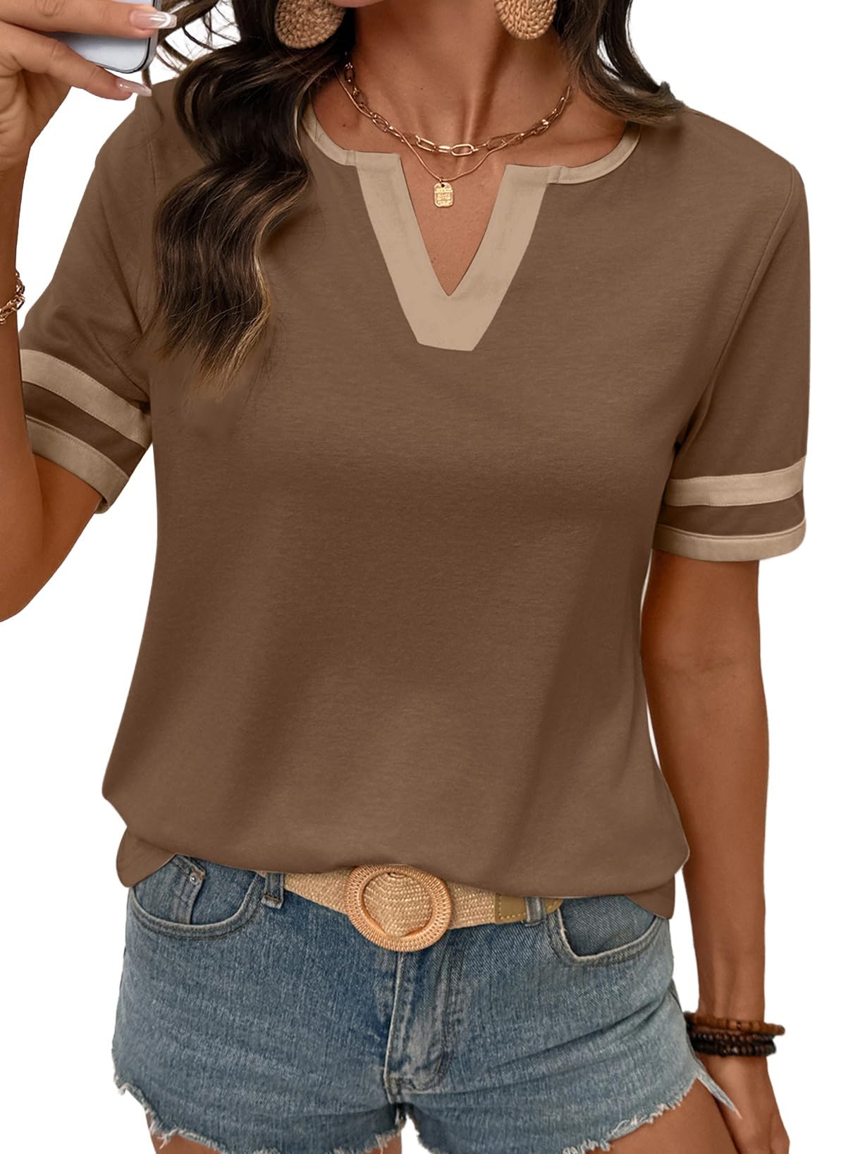 Women's Summer Tops V Neck Short Sleeve T-Shirts Colorblock Casual Tees