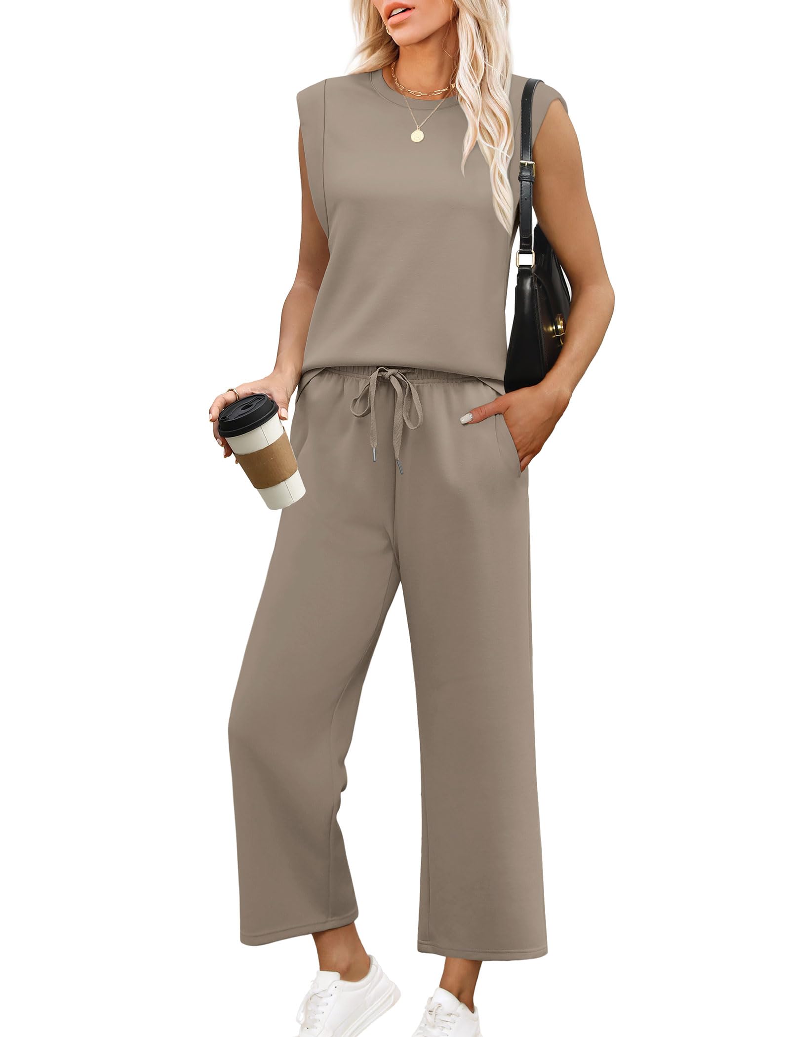2025 New Women's Casual Cap Sleeve Top Wide Leg Crop Pants Two Piece Sets(buy 2 free shipping)