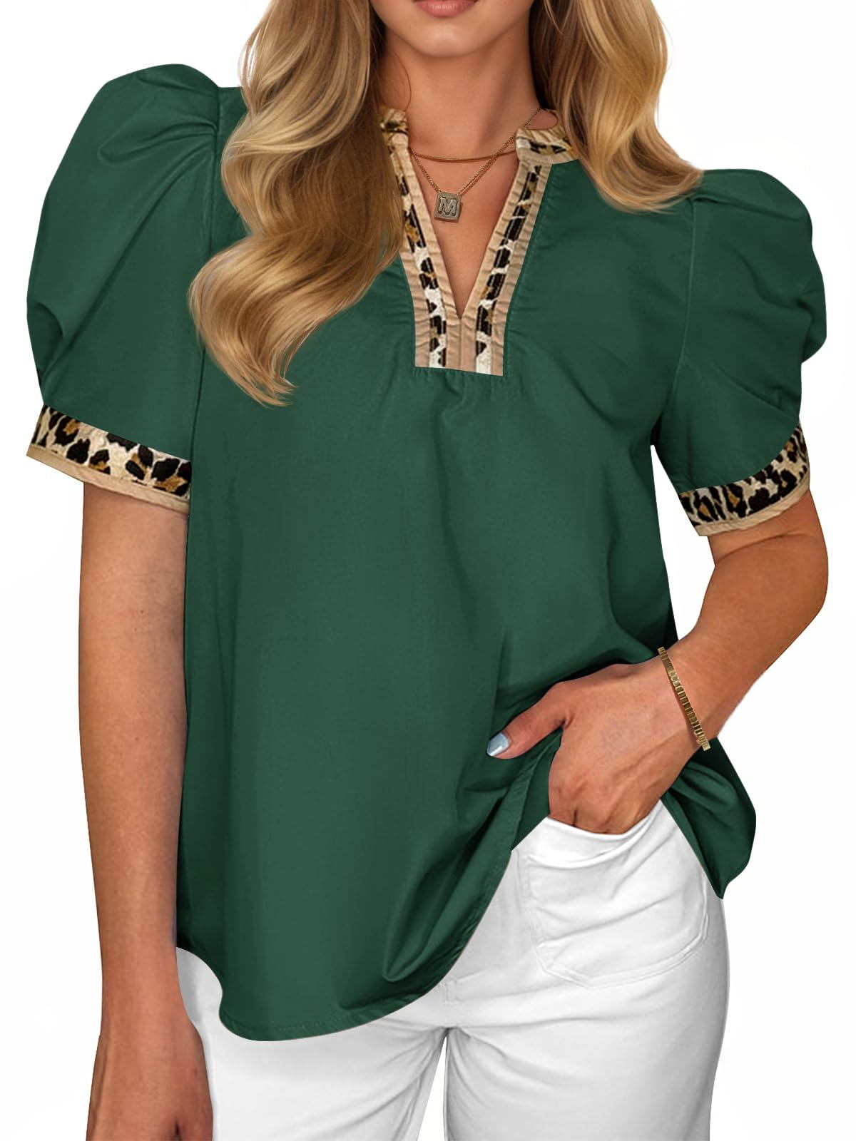 Womens Puff Sleeve Leopard V Neck Color Block Blouse