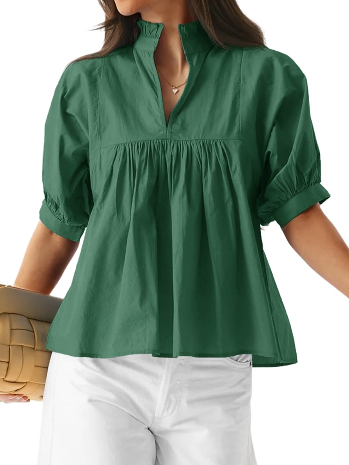 Womens Puff Sleeve V Neck Blouse Pleated Babydoll Peplum Tops