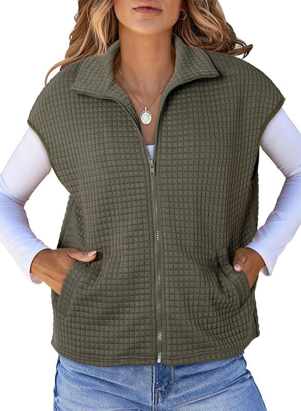 Womens Zipper Up Cap Sleeve Side Pockets Waffle Knit Sleeveless Oversized Vest Tops
