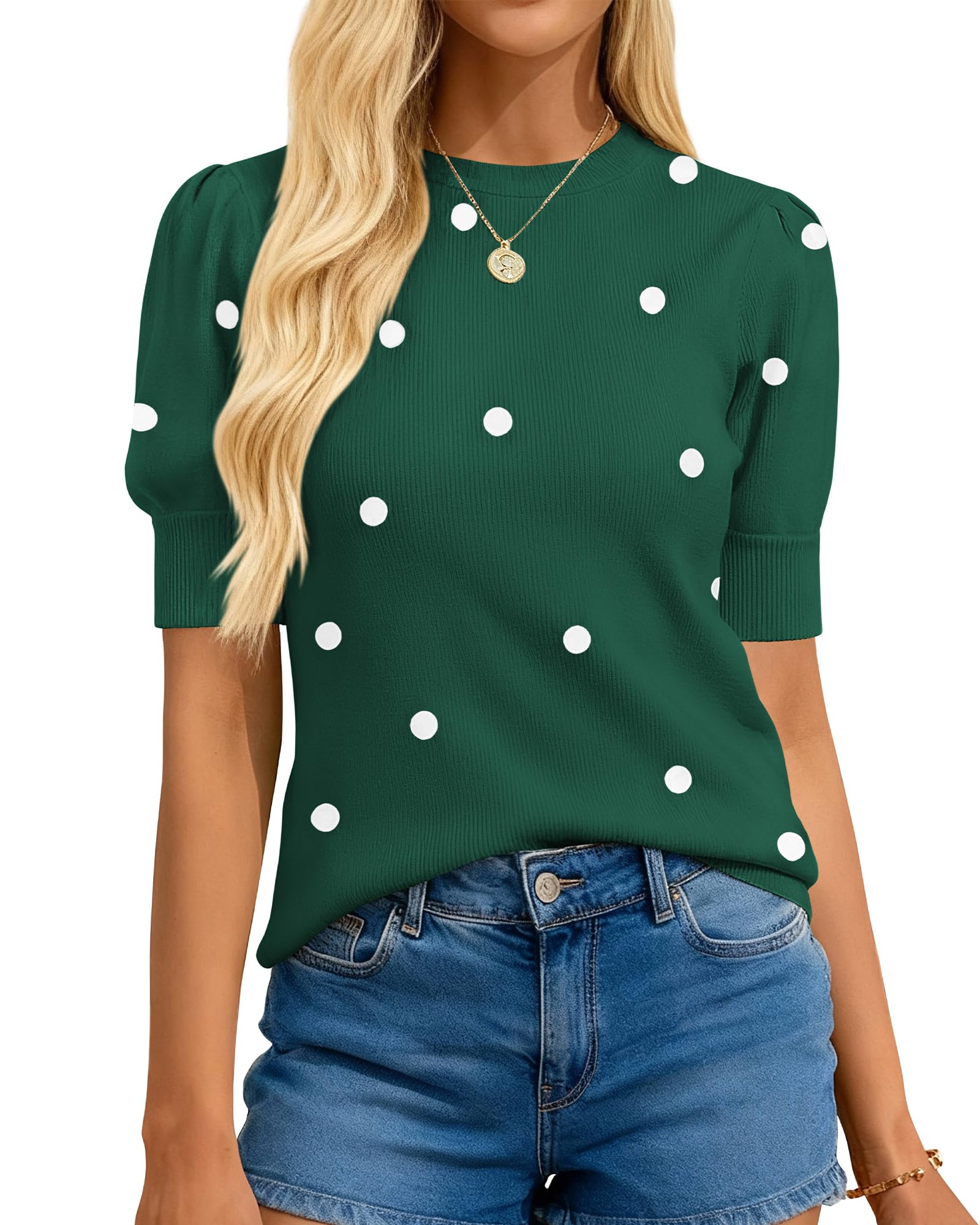 Womens Polka Dot Short Sleeve Crew Neck Sweater(buy 2 free shipping)