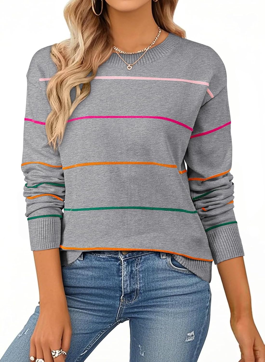 Womens Crew Neck Knit Long Sleeve Striped Sweater