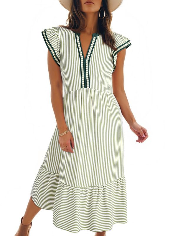 Womens Stripe Double Ruffled Short Sleeve Contrast Trim V Neck Midi Dress with Pockets