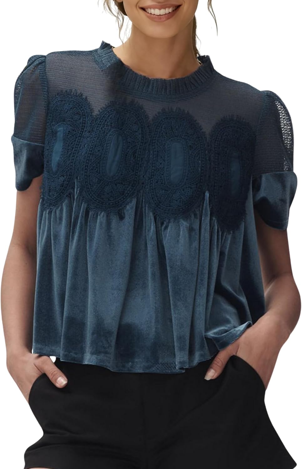 Women's Velvet Lace Blouse Casual Round Neck Short Sleeve Flared Swing Top