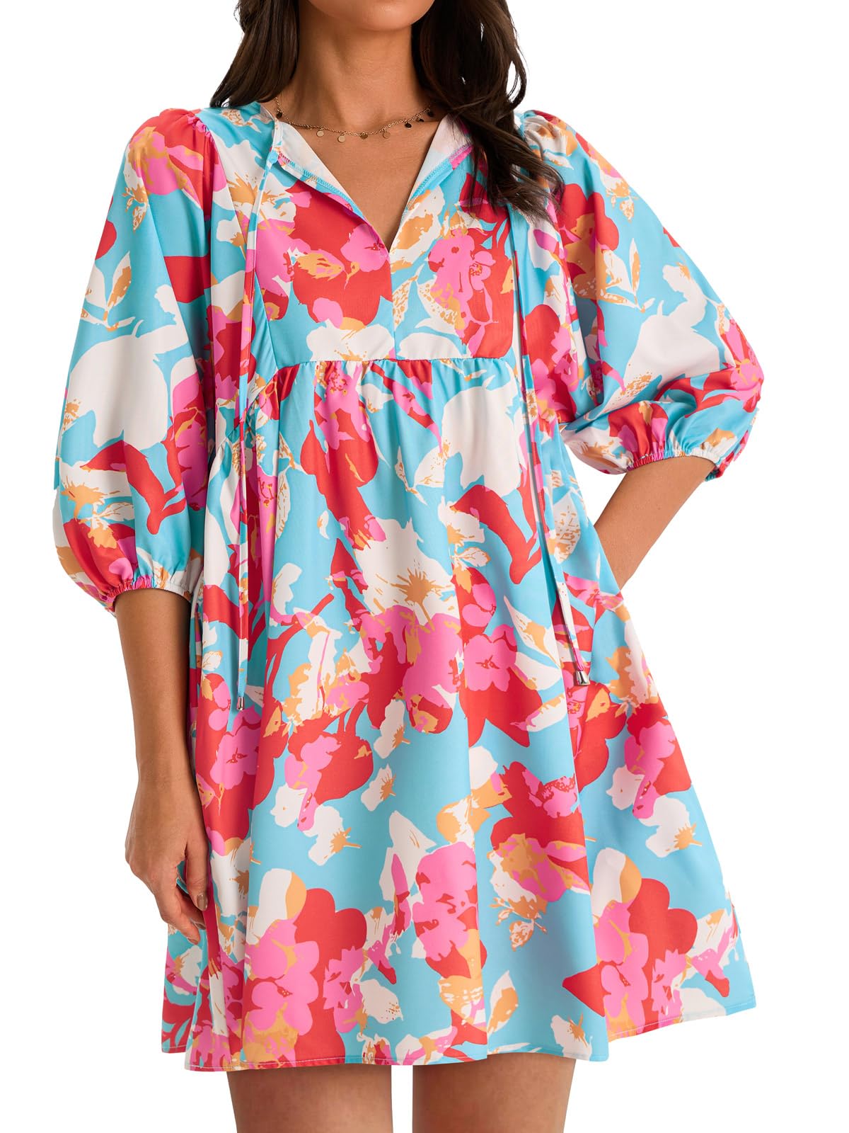 Womens V Neck Puff Sleeve Floral Mini Babydoll Dress with Pockets