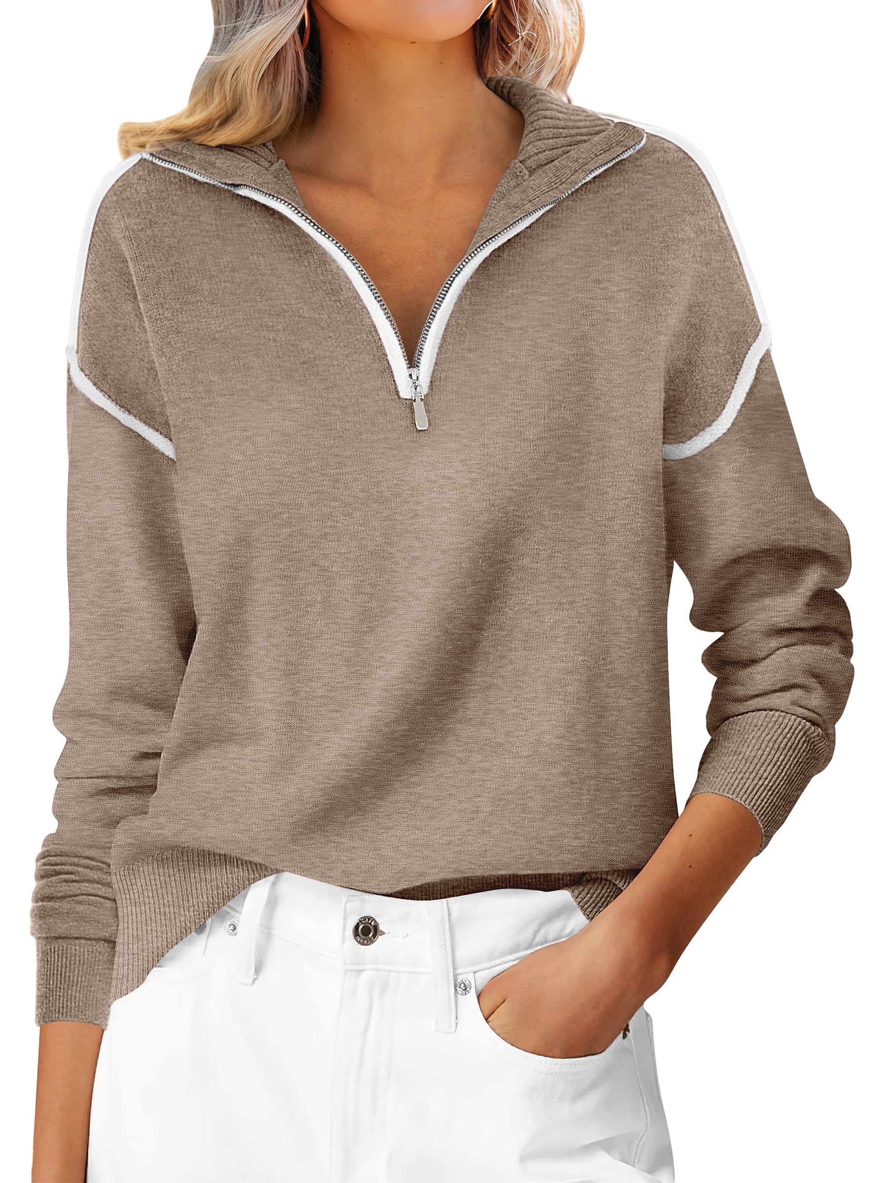 Womens Quarter Zip V Neck Shirts Collared Tops Knit Pullover Sweatshirts