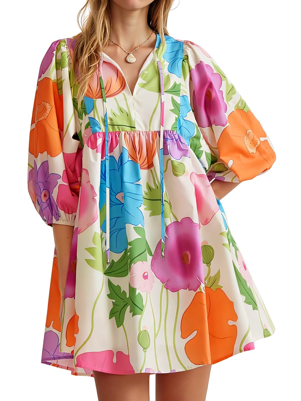 Womens V Neck Puff Sleeve Floral Mini Babydoll Dress with Pockets