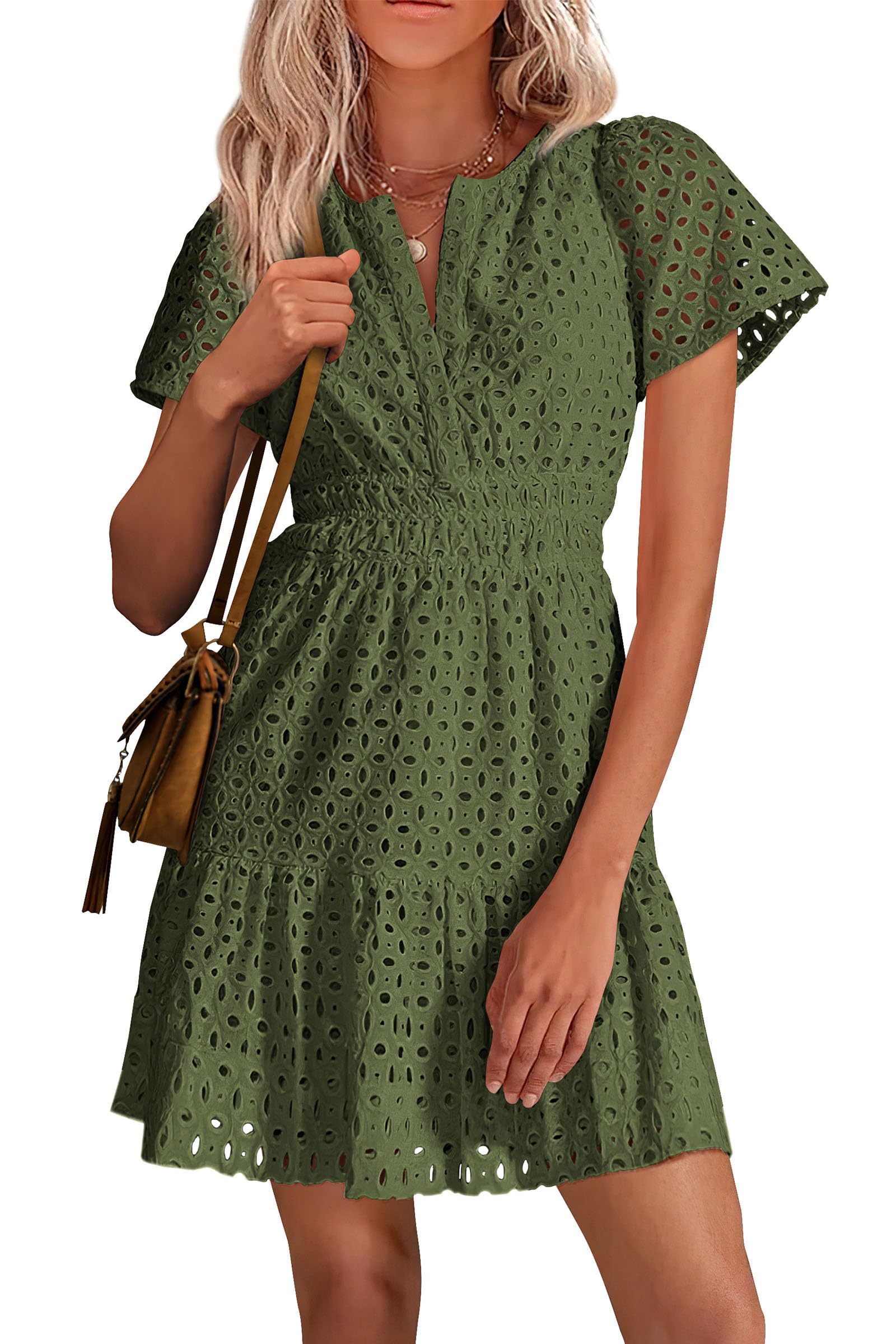 Women's Short Sleeve V Neck A Line Hollow Out Lace Dress