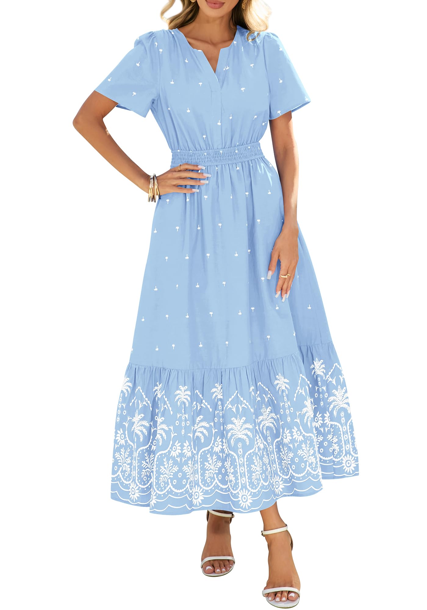 Womens Casual Short Sleeve Elastic Waist Flowy Beach Vacation Floral Boho Maxi Dress