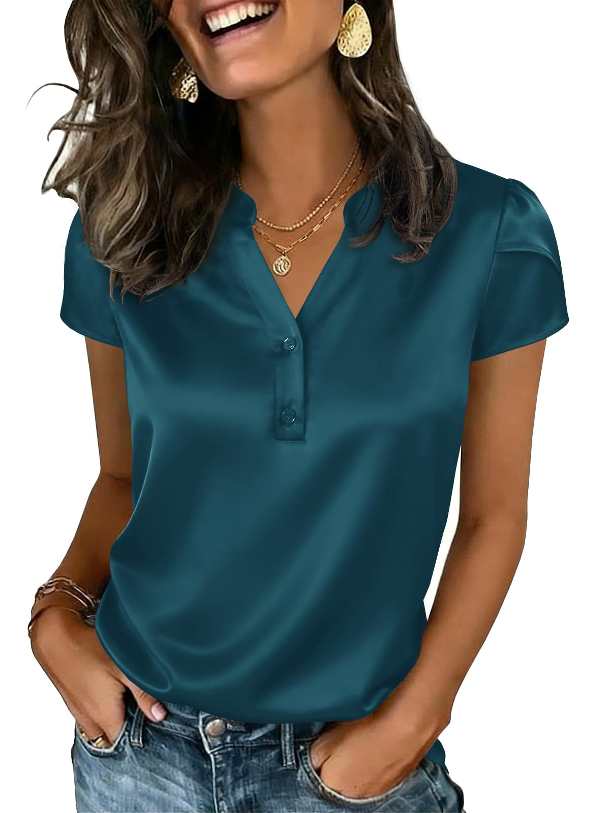 Women Casual Cap Sleeve V Neck Button Down Shirts