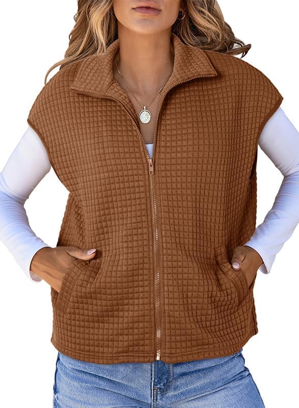 Womens Zipper Up Cap Sleeve Side Pockets Waffle Knit Sleeveless Oversized Vest Tops