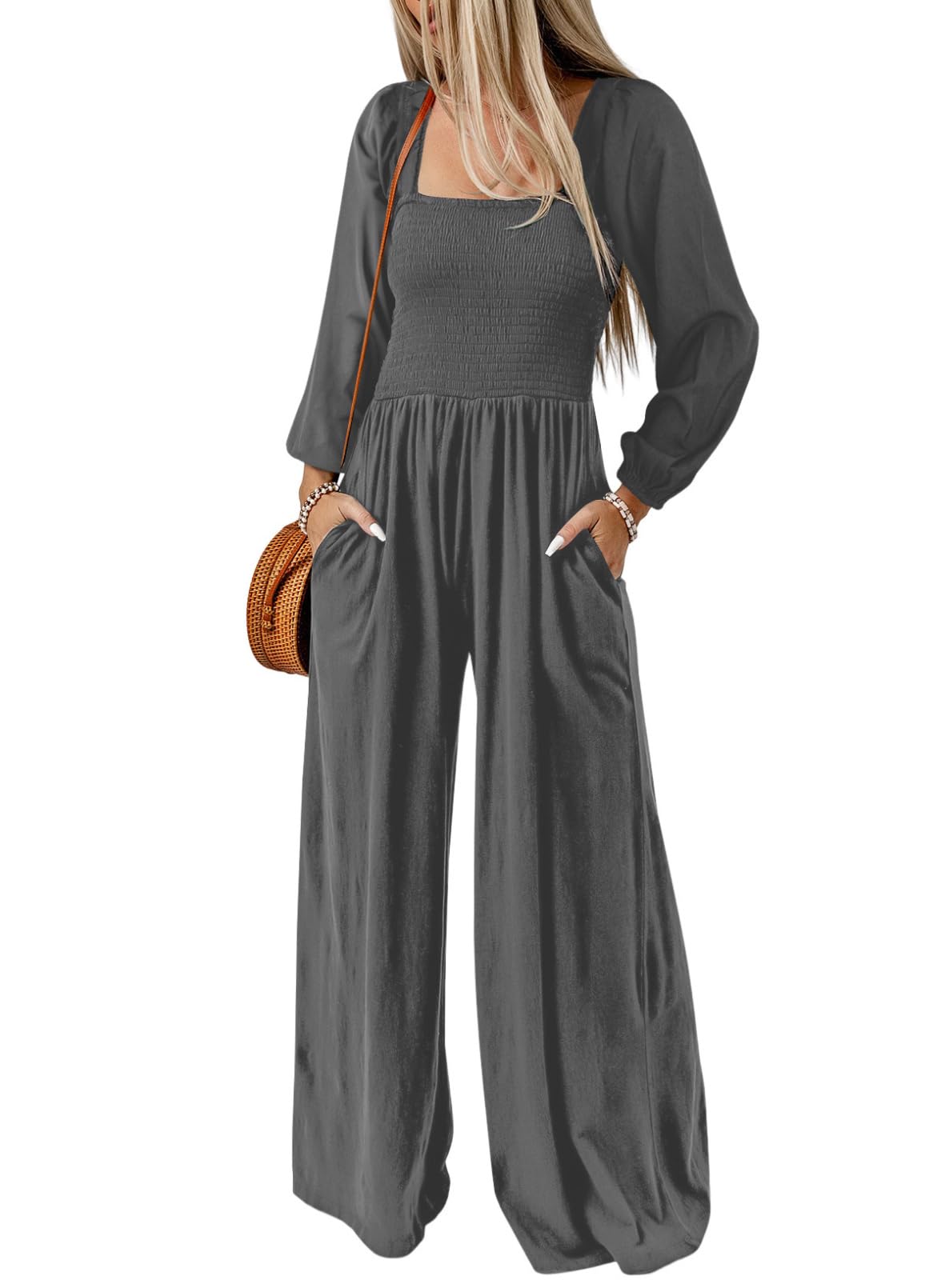 Women's Casual Long Sleeve Loose Wide Leg Jumpsuits Rompers With Pockets