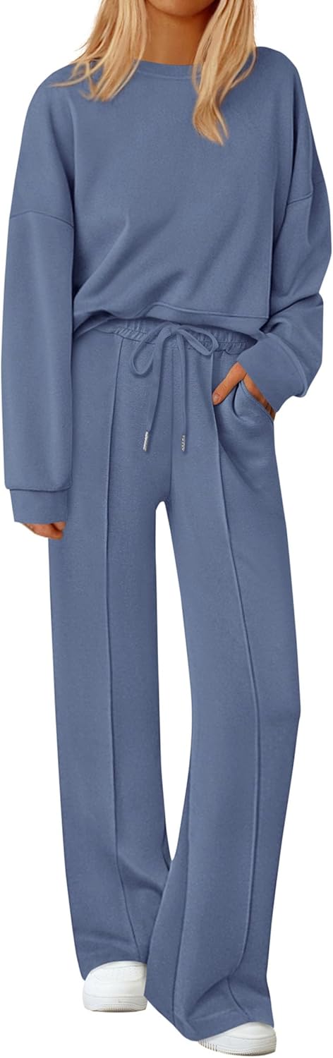 Womens Trendy Long Sleeve Sweatshirt Wide Leg Pants Loungewear Set