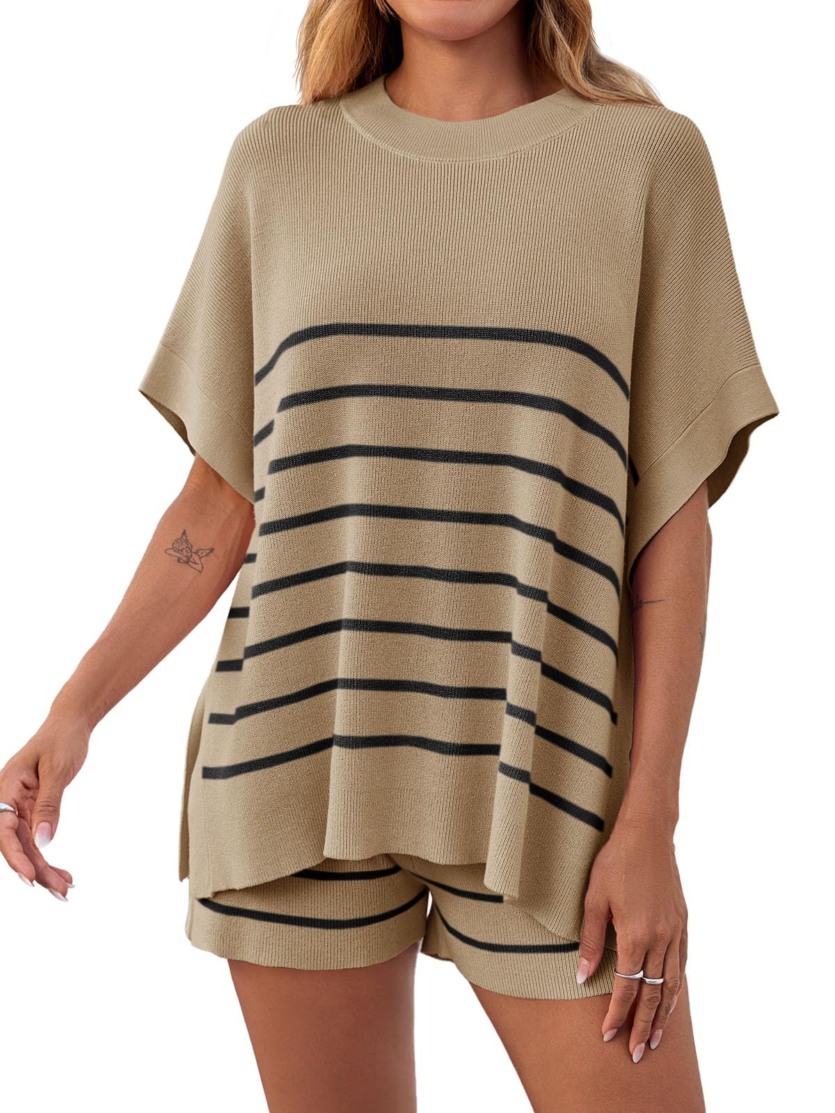 Women's Striped 2 Piece Outfits Oversized Batwing Short Sleeve Tops High Waisted Shorts(40% OFF!!!)