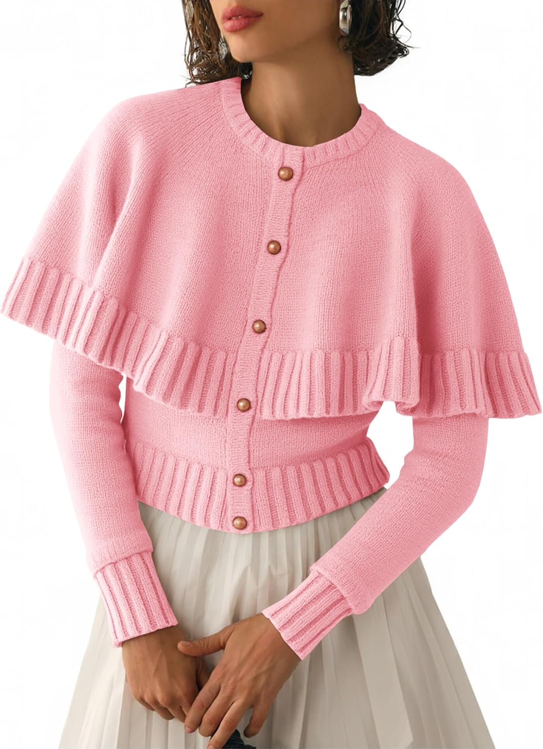 Womens Cropped Cardigan Sweater Long Sleeve Knit Button Up Cape Sweaters