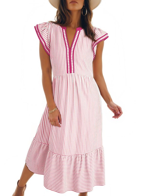 Womens Stripe Double Ruffled Short Sleeve Contrast Trim V Neck Midi Dress with Pockets