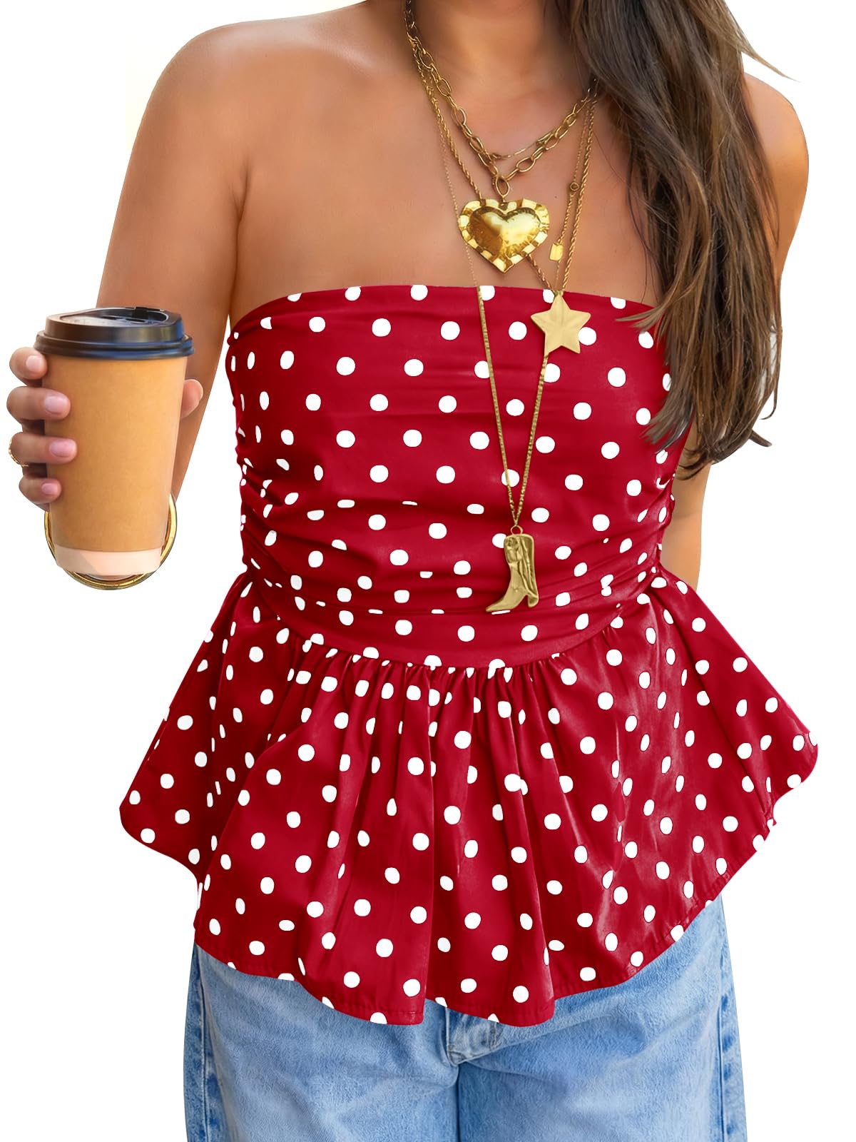 Womens Strapless Polka Dot Tube Tops Cute Backless Peplumn Ruffle Hem Bandeau Top