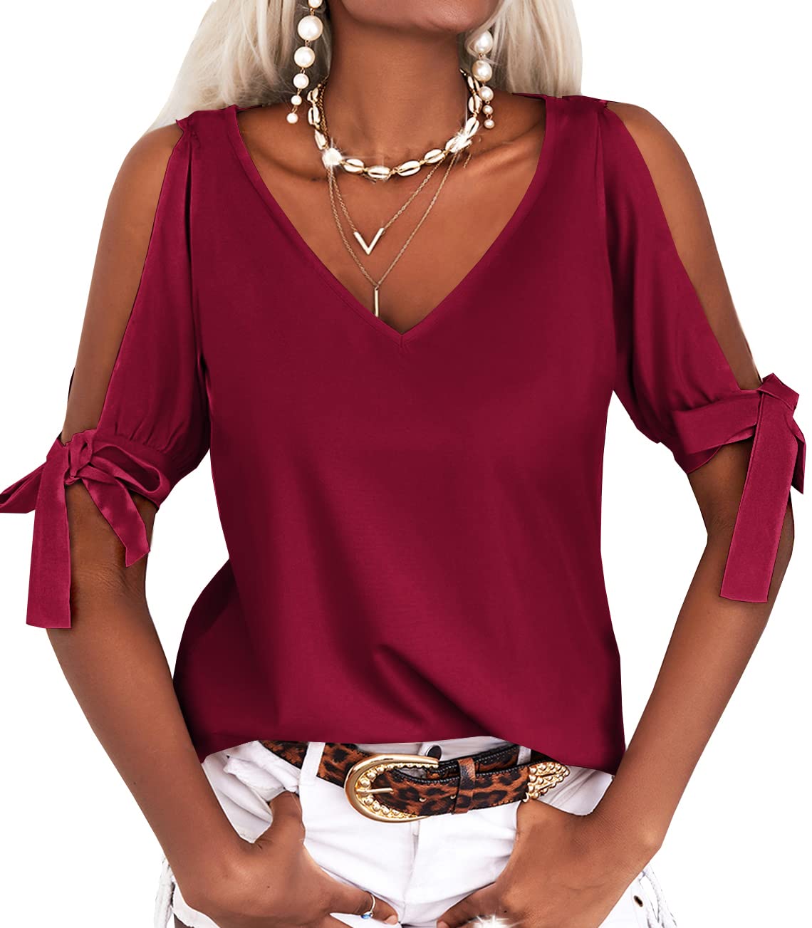 Women's Short Sleeve V-Neck Casual Loose Cutout Blouse